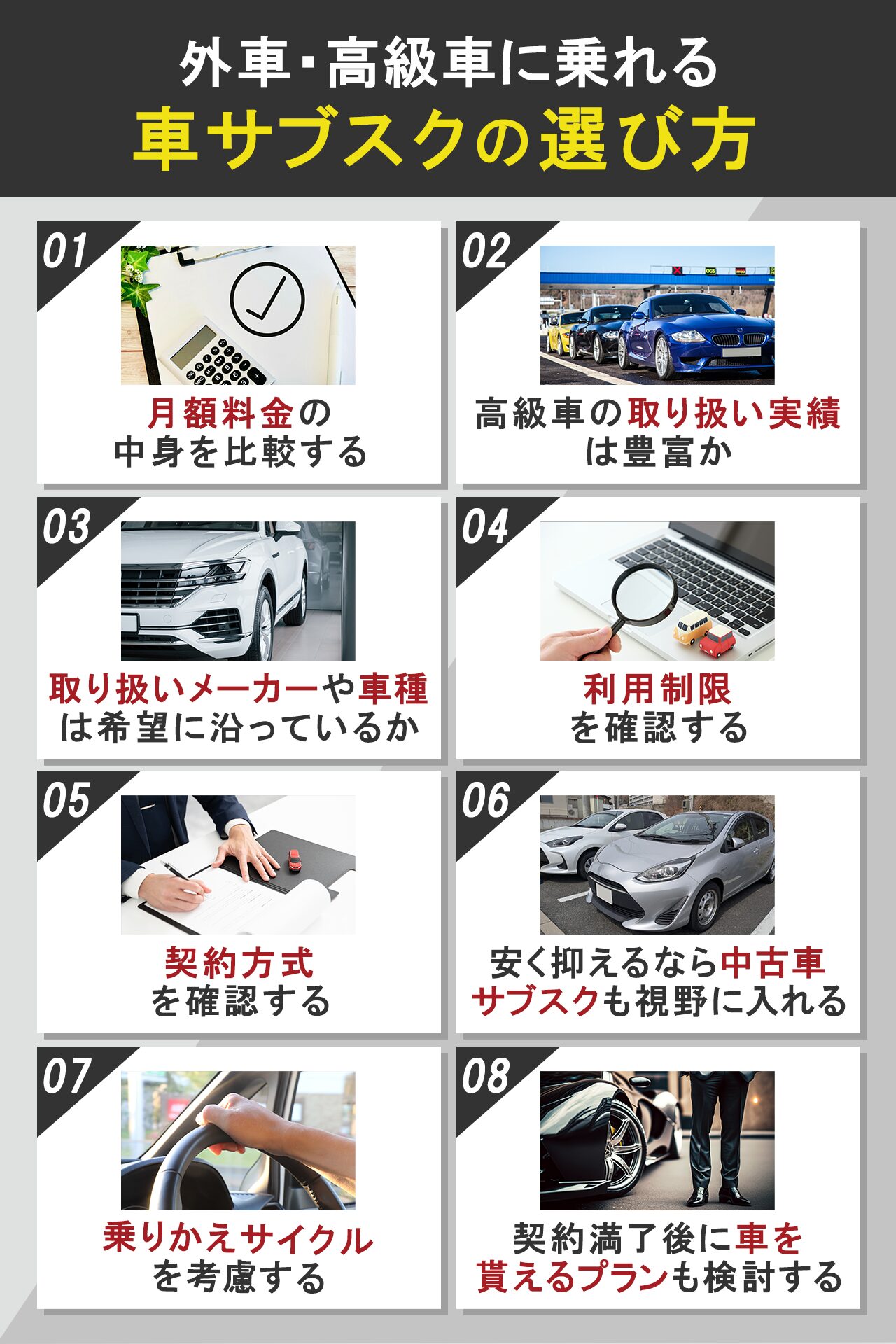 外車・高級車に乗れる車サブスクの選び方