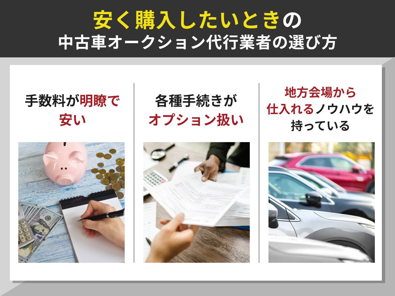 安く購入したいときの中古車オークション代行業者の選び方